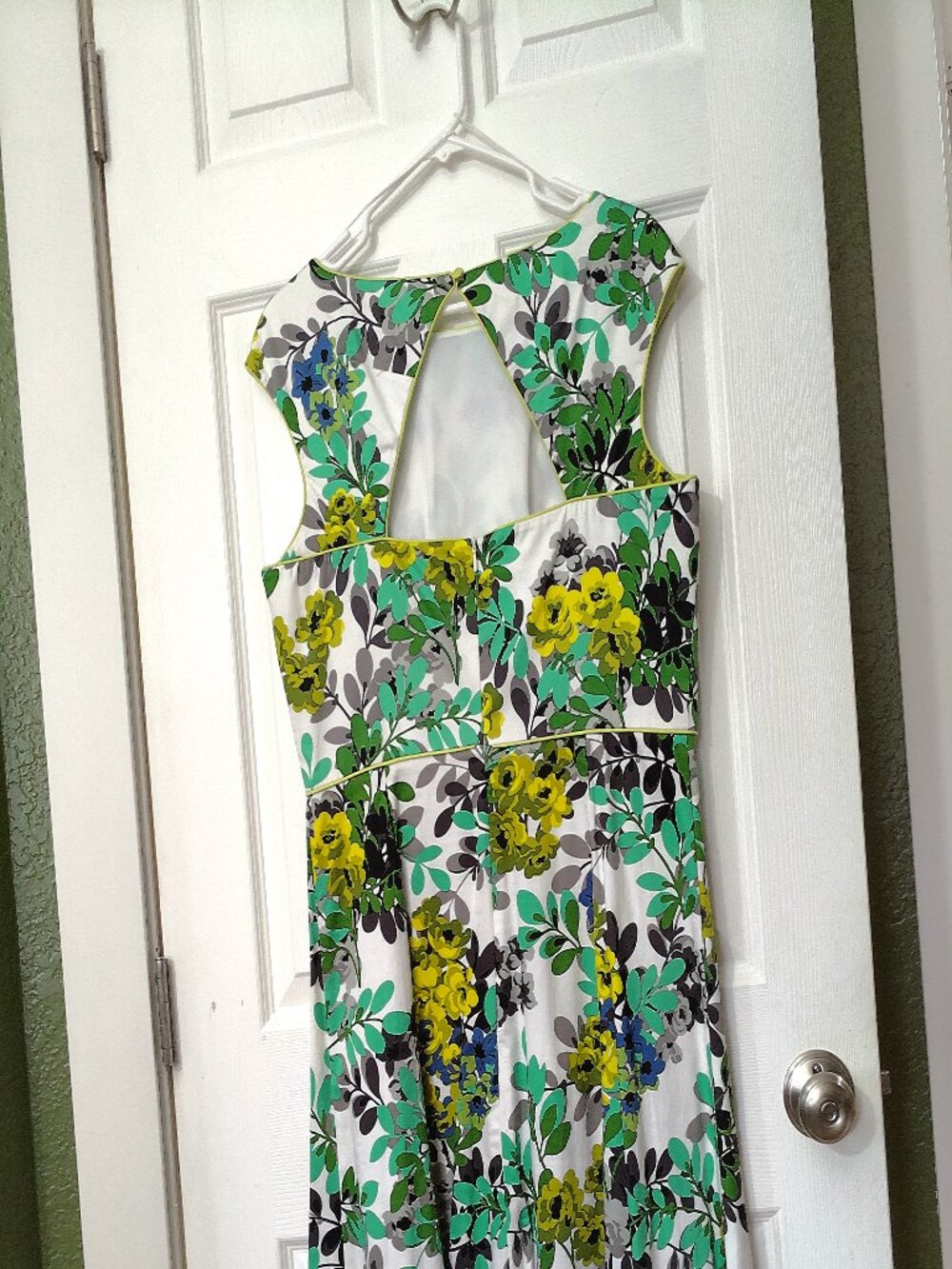 London Style White Floral Midi Dress with Green, Yellow & Blue Accents